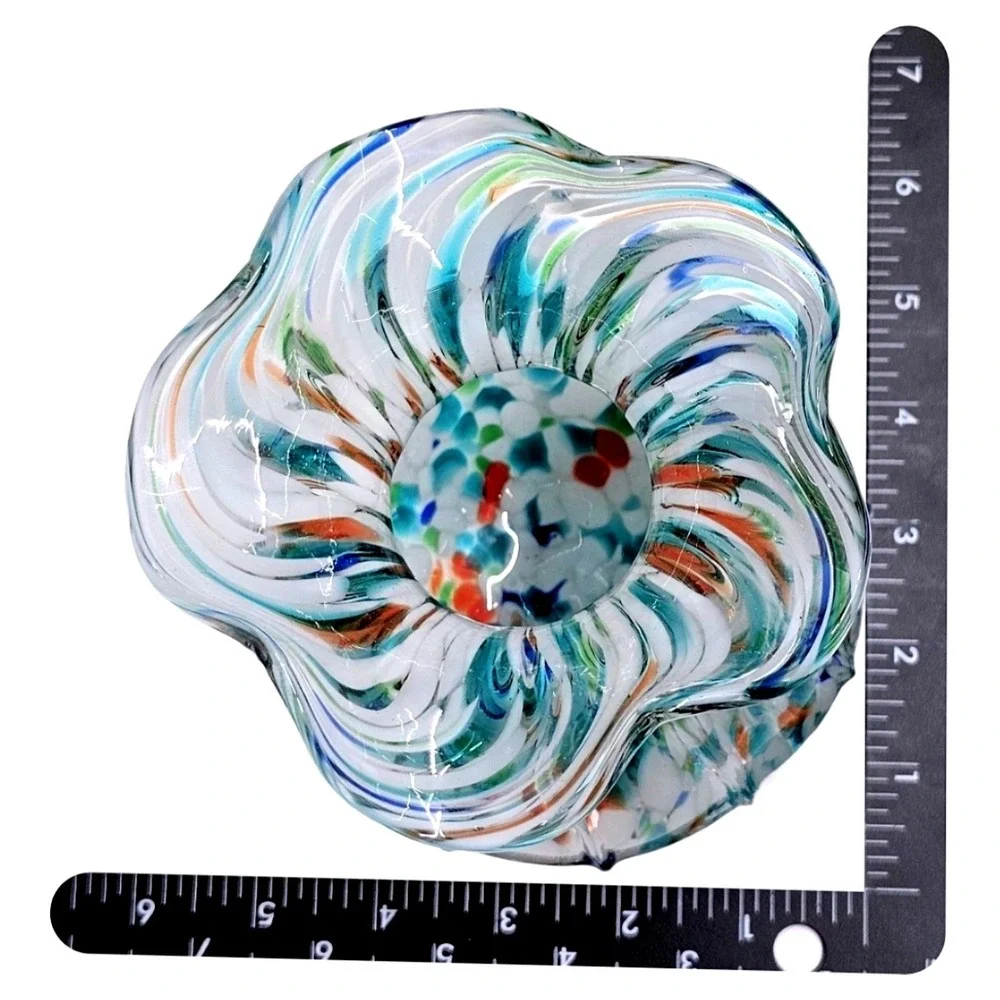 3PC Confetti Art Glass Vase Set Ruffled Rim Multicolor Splatter Decor VTG Style